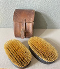 Antique Set Of 2 Ebony Clothing Grooming Brushes And Original Leather Case