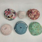Lot Of 6 Vintage Handmade Fabric Rope Baskets Quilt Remnant Patterns Bojo