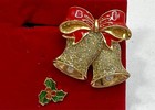Set Of Vintage Christmas Pins Avon Bells Holly Leaf Holiday Brooches Jewelry