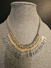 Vintage Silver Tone Native American Feather Milk Glass Rhinestone Necklace 