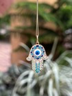 14k Solid Gold Pendant Necklace Chain Hand-painted Evil Eye Inside Hamsa Hand