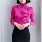 Spring Autumn Stand Collar Button Shirt Women Fashion Ruffles Casual Office Tops