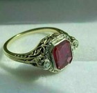 Art Deco Emerald Cut Ruby   Lab Created Diamond 14k Gold Finish Engagement Ring