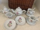 Doll child Size Porcelain Tea Set Wicker  Picnic Basket Floral Design 14 Pc Set