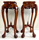 Early 20th-c Chinese Carved Rosewood Marble Top Tall Stand Table  A Pair