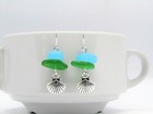 Frosted Blue   Green Sea Glass Beach Stone Pebble Silver Charm Seashell Earrings