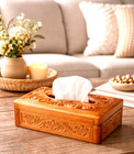 Hand Carved Wooden Tissue Box Cover Holder Rustic Floral Handmade Home Decor