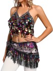 Belly Dance Hip Scarf With Tassels Sequins  Triangle Coins Wrap Skirt Music F   