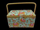 Floral Rectanglar Vintage Fabric Sewing Basket W handle Crafts Storage Collectib