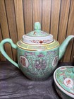 Vintage Chinese Turquoise Mun Shou Porcelain Teapot 8 Cups Sugar Tea Set - 10pc