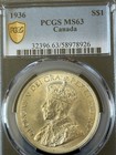 C516 1936 Canada George V Silver Dollar Pcgs Ms 63 Royal Canadian Mint  Km31