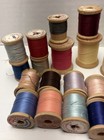 Vintage Lot Of 36 Wood Spools W  Sewing Thread Various Brands Sizes Types colors