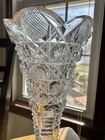 Vintage Heavy Cut Crystal Trumpet Vase Pedestal Starburst Base Scalloped Rim 8 