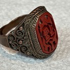 Antique Chinese Carved Cinnabar Copper Ring Adjustable Sz 9 10