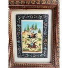 Vintage Persian Khatam Inlaid Frame Wood Marquetry Framed Painting Hunting Scene