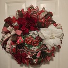 Poinsettia Red Velvet And White Christmas Holiday Wreath Door Hanger 26 Inch