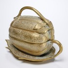 Vintage Brass Melon Gourd Handled Lidded Betel Nut Box W Attached Under Plate