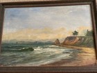 Antique Oil Painting Ocean Shore Sailboats 1920s Canvas Board Seascape Landscape