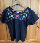 Mexican Blouse Puebla Lovely Hand Embroidery Black 2xl Euc