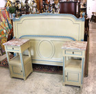 French Antique Louis Xvi Painted Light Green  blue Queen Size Bed   2 Nightstand