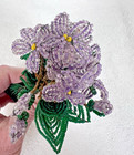 Vintage French Beaded Glass Wire Purple Violet Flowers Green Leaves Bouquet