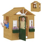 Qaba Outdoor Wooden Kids Playhouse Cottage With Door Windows  Brown