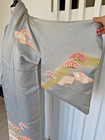 Vintage Japanese Kimono   Satin Grey With Cloud And Fan Motif   100  Silk