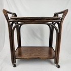 Vintage Rattan Tea Cart Bar Stand Tray Top Rolling 2 Handle Boho Trolley