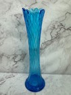Vintage Blue Glass Vase Diamond Quilted Pattern 12  Tall Read