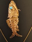 Lg  Vintage Silver Filigree Articulated Fish Pendant W  Turquoise Eyes Gold Wash