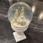Holiday Snow Globe Glass On White Pedestal Winter Scene 9x4