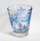 Vintage Aloha Hawaii Clear Shot Glass Surfer Hula Girl Pineapple Palm Trees Bar