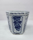 Vintage Chinese Blue And White Porcelain Planter With Floral And Grape Design 