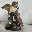 Two Owl Figurine Sculpture On Tree Stump Base Brown   Tan Approx 10 In Tall