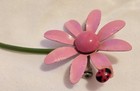 Vintage Mid Century Metal Enamel Pink Flower Brooch W  Stem   Ladybug