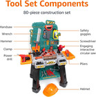 Kids Workbench Construction Toy  Pretend Play Tool Set With 80 Pieces  Education