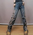 Womens Blue Denim Jeans Straight Leg Casual Pants Butterfly Hollow Punk Trousers