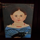 Primitive Victorian Vintage Folk Art Native Style Girl Black Cat Portrait Sign