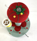 Vintage Wood Thread Spool Holder Pin Cushion 2 Tier Cottage