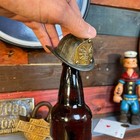 Fire Helmet Cast Iron Bottle Opener With Zinc Embossed Plate  2 5  X 2 5  
