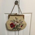 Vintage antique Floral Needlepoint Frame Bag Floral Purse With Chain Handle