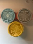Lot Of 3 Vintage Tupperware Small Bowls Orange Yellow With Multicolor Lids