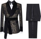 Paisley Floral Men Suits Sets Slim Fit Tuxedo Jacket Pants 2pcs Shawl Lapel Belt