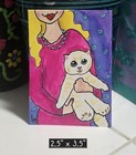 Aceo Original Art Painting Watercolor Woman Girl Holding Cuddly Cat Ooak Atc 