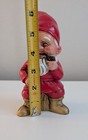 Vintage Garden Gnome Figurine Happy Red Outfit Pipe Gold Stump Ceramic  read