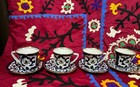 Set Of 4 Uzbek Ceramic Cups   Saucers - Blue   White With Golden Rim