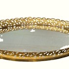 Vintage Oval Vanity Tray Mirror Gold Gilt Filigree Metal Hollywood Regency 1950s