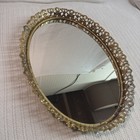 Vintage Gold Mirrored Vanity Tray Oval Filigree Dresser Regency Coquette Ornate