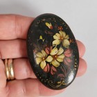 Vintage Wooden Black Lacquer Russian Hand Painted Floral Pin Brooch Signed 2 25 