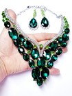 Green Crystal Choker Rhinestone Necklace Earring Set Bridal Prom Pageant